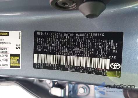 2025 Toyota Corolla Le z USA, uszkodzony, nr VIN 5YFB4MDE3SP272898